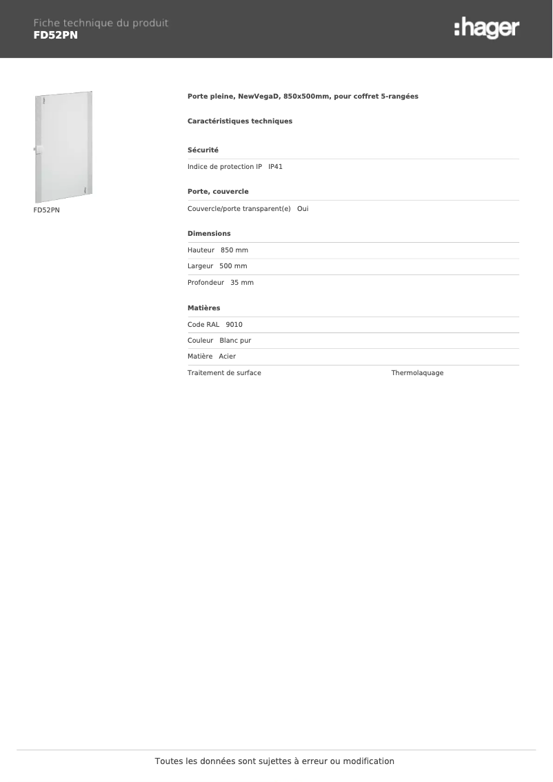 Page 1 de la notice Fiche technique Hager FD52PN