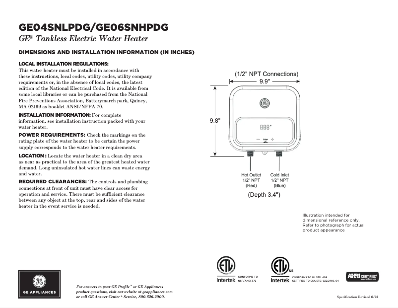 Página 1 del manual Ficha técnica GE GE06SNHPDG