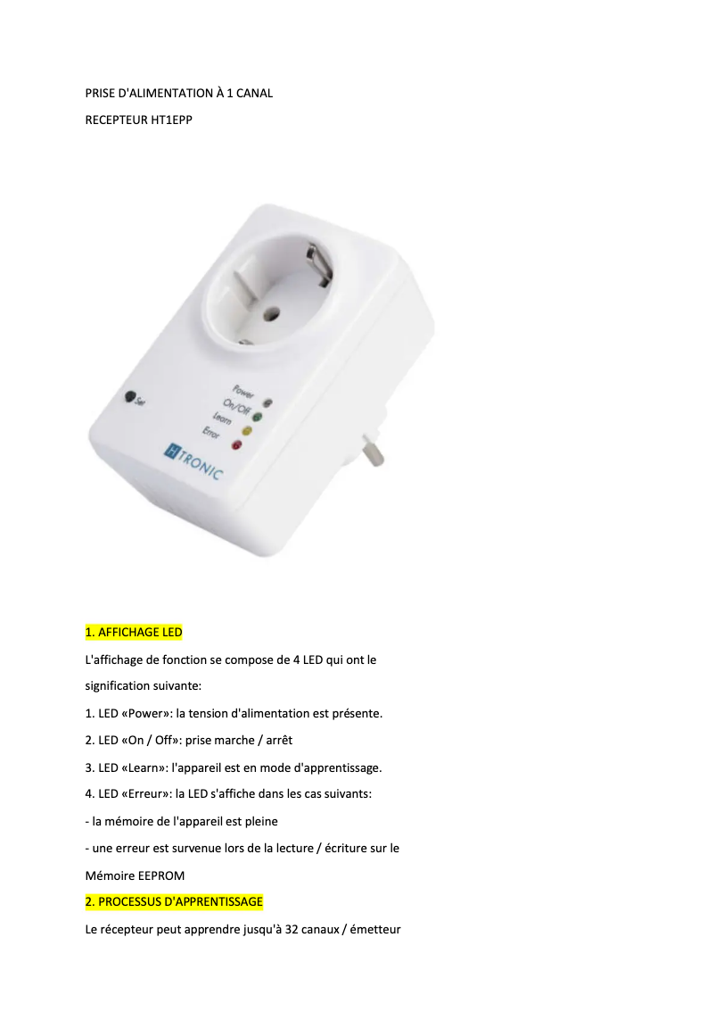Page 1 de la notice Manuel utilisateur H-Tronic HT1EPP