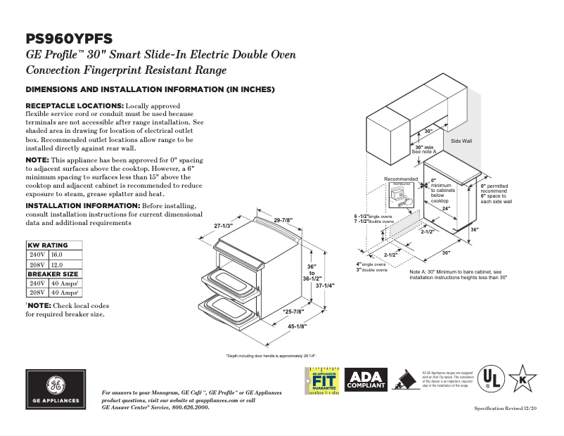 Page 1 of the manual Technical Sheet GE Profile PS960YPFS