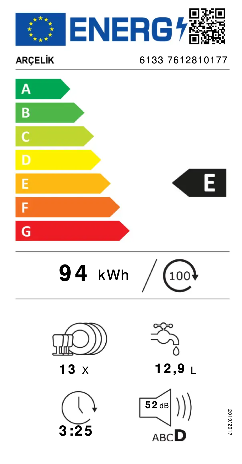 Page 1 de la notice Label énergétique Arçelik 6133