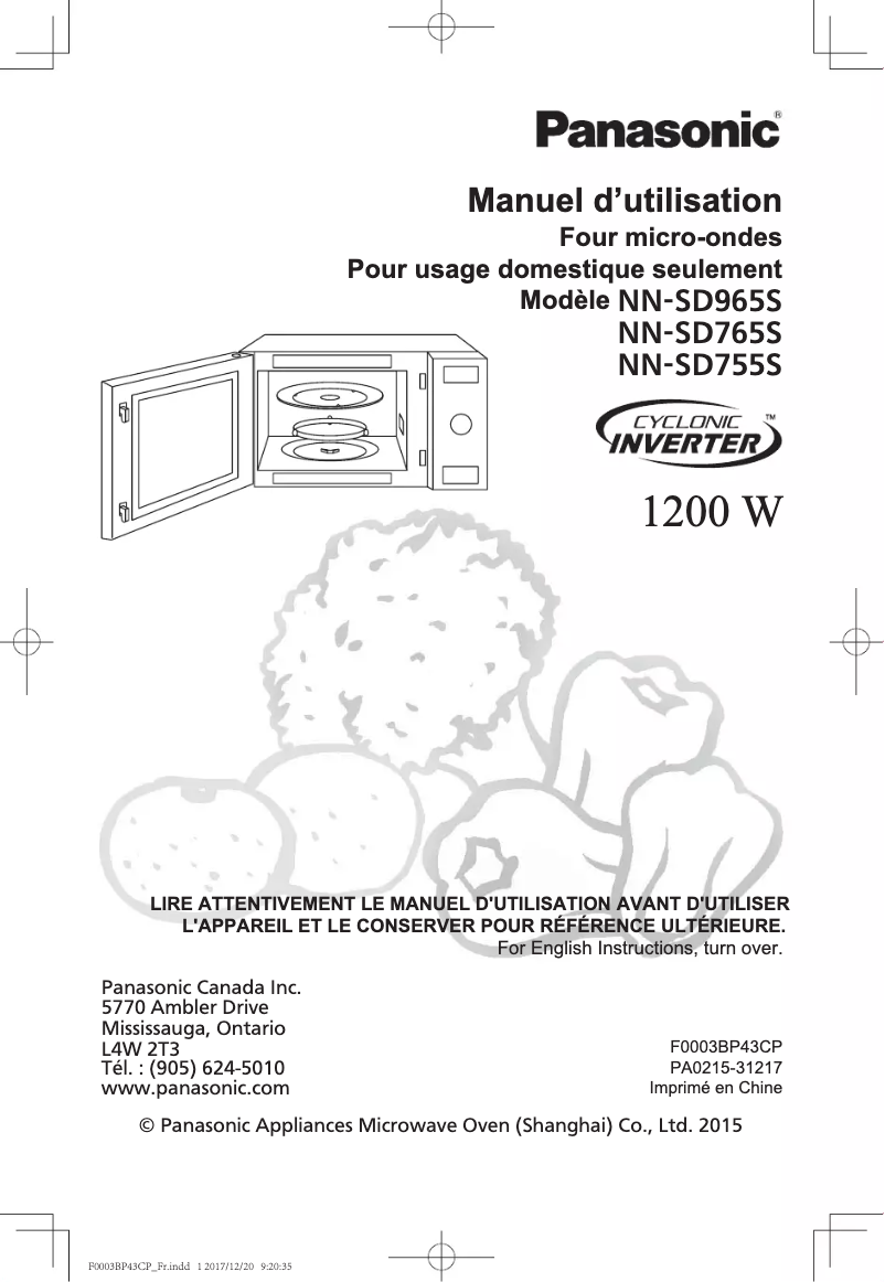 Page 1 de la notice Manuel utilisateur Panasonic Cyclonic Inverter NN-SD965S