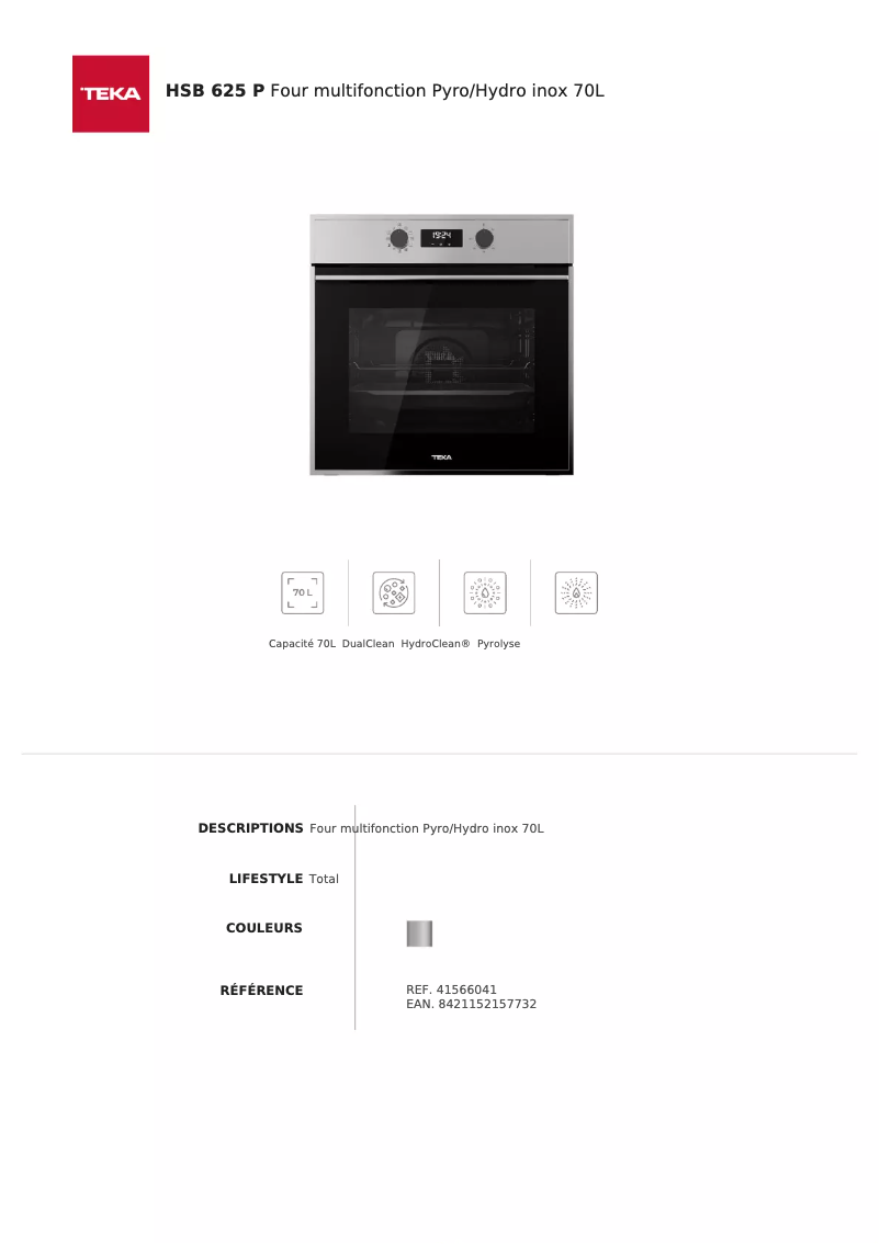 Page 1 de la notice Fiche technique Teka HSB 625 P