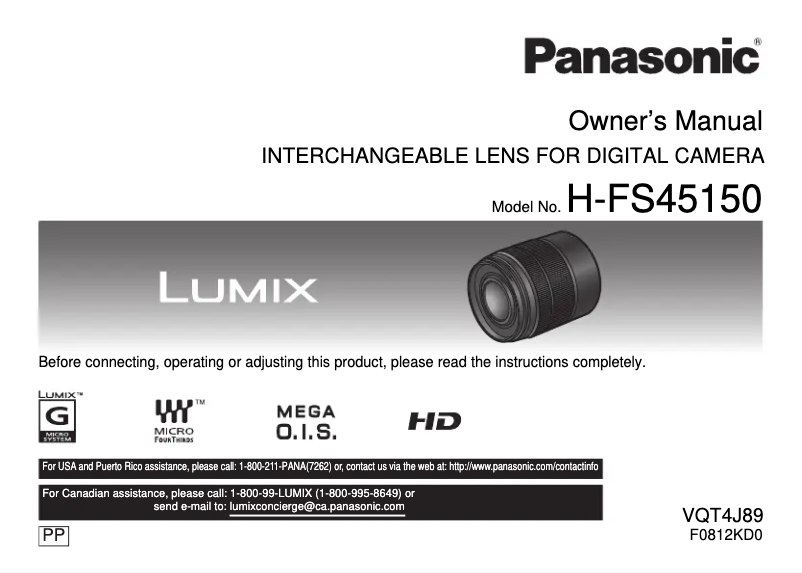 Page 1 de la notice Manuel utilisateur Panasonic Lumix H-FS45150K