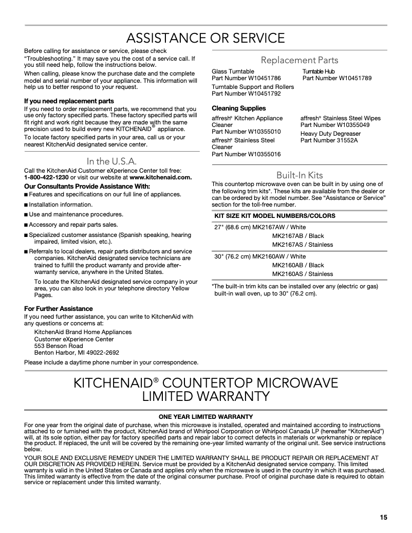 Page 1 de la notice Informations de garantie KitchenAid Architect KCMS1655BBL