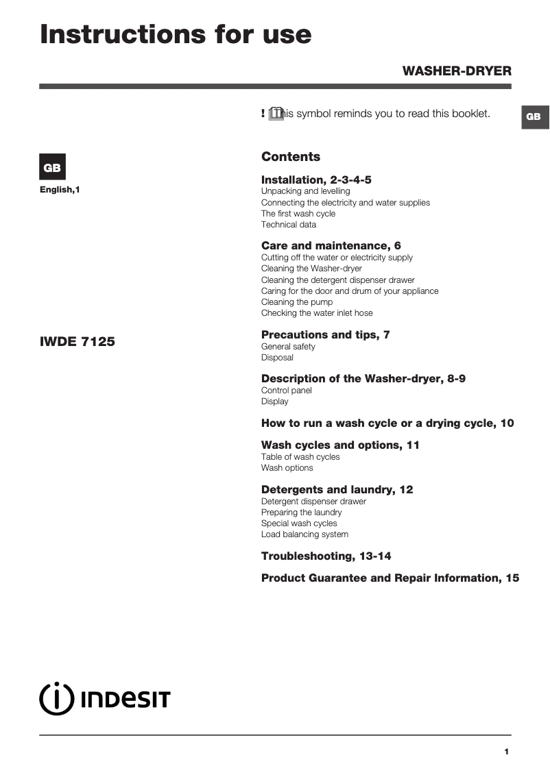 Page 1 de la notice Instructions / montage Indesit IWDE 7125 B (UK)