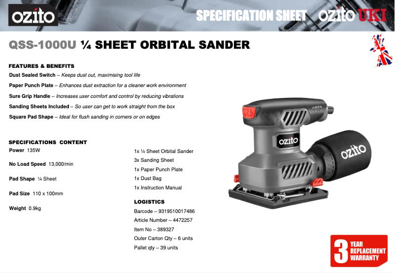 Page 1 de la notice Fiche technique Ozito QSS-1000U