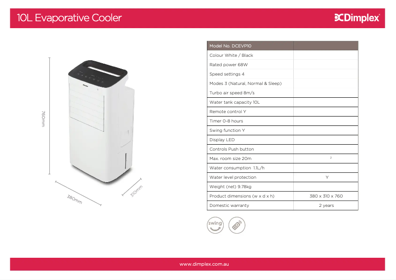 Page 1 of the manual Technical Sheet Dimplex DCEVP10