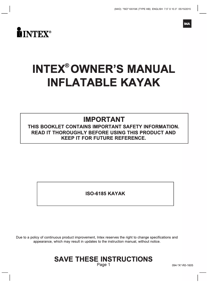 Page 1 of the manual User Manual Intex Challenger K1