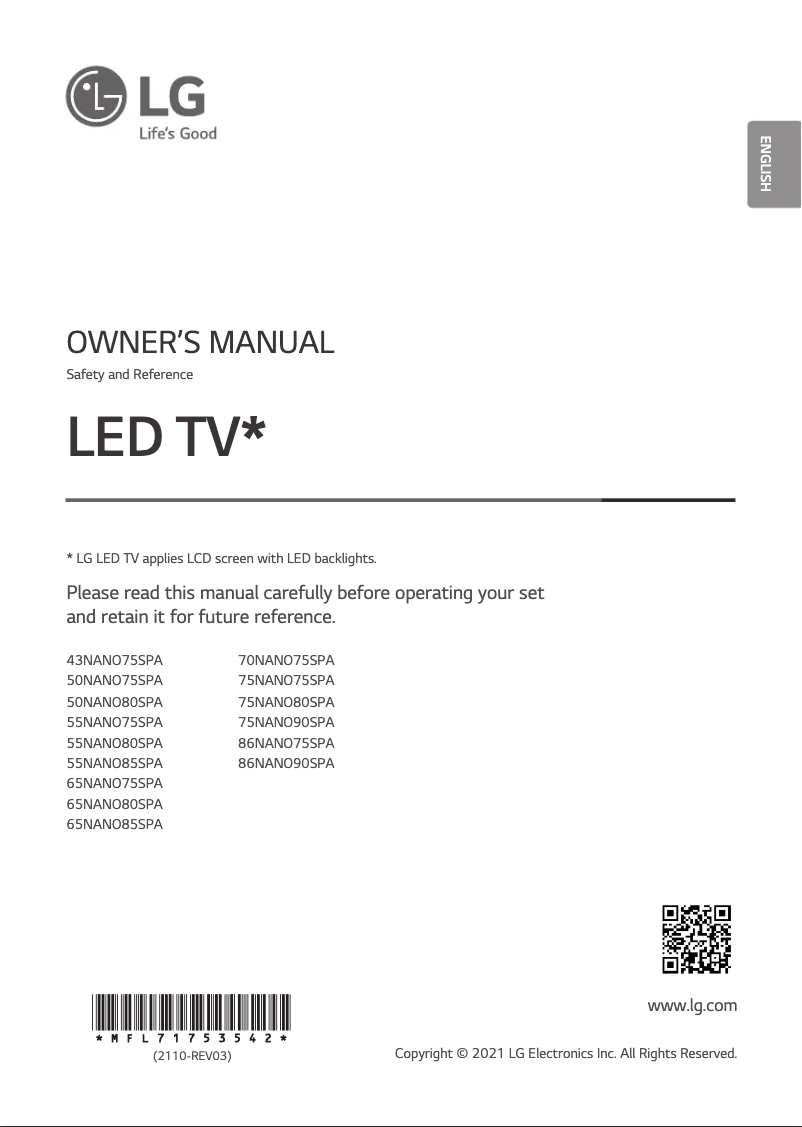 Page 1 de la notice Manuel utilisateur LG 75NANO75SPA