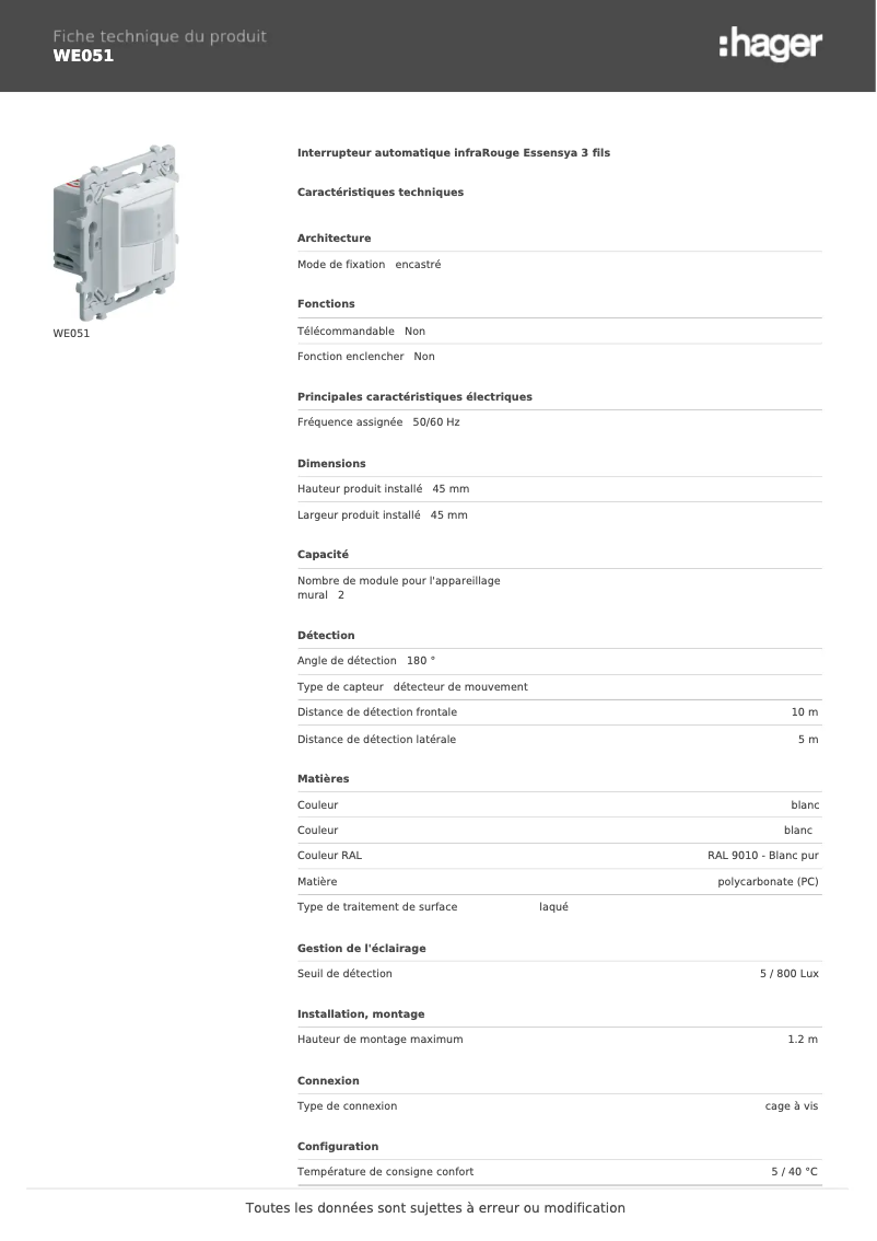 Page 1 de la notice Fiche technique Hager WE051