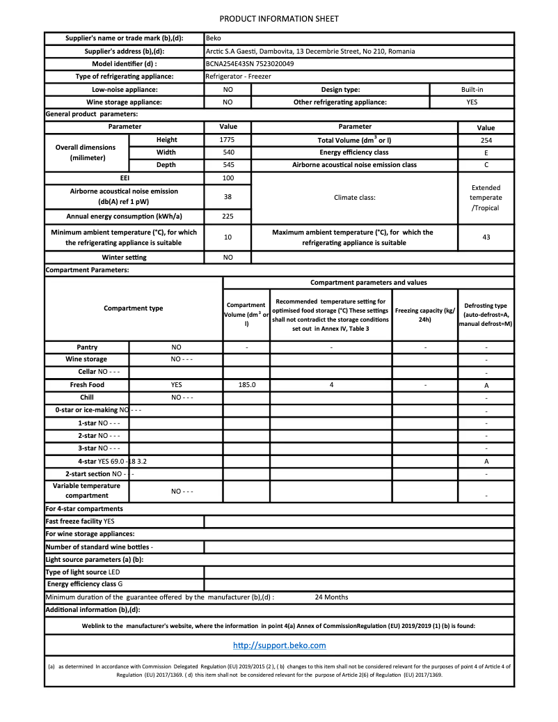 Page 1 de la notice Fiche technique Beko BCNA254E43SN