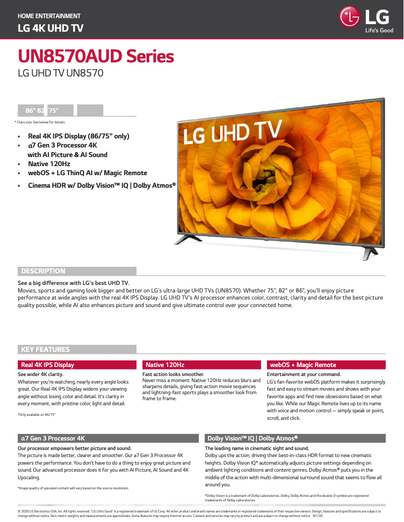 Page 1 de la notice Fiche technique LG 86UN8570AUD