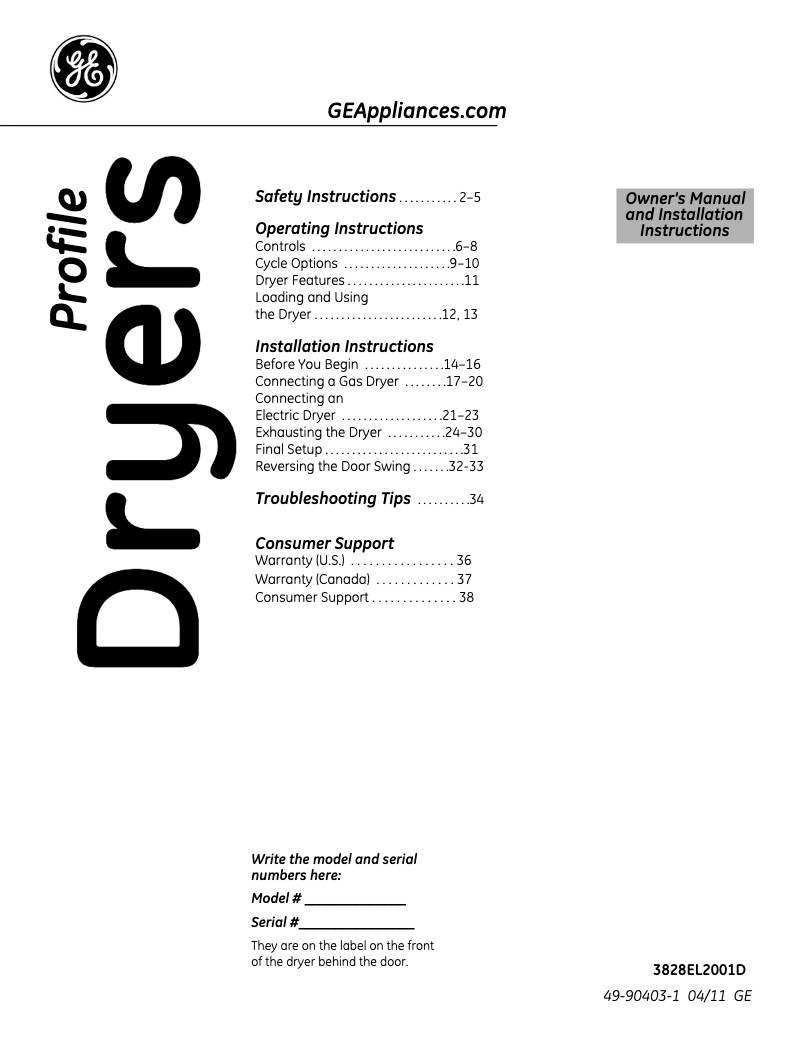 Página 1 del manual Manual de uso y mantenimiento GE Profile Harmony PTDN800EMWW