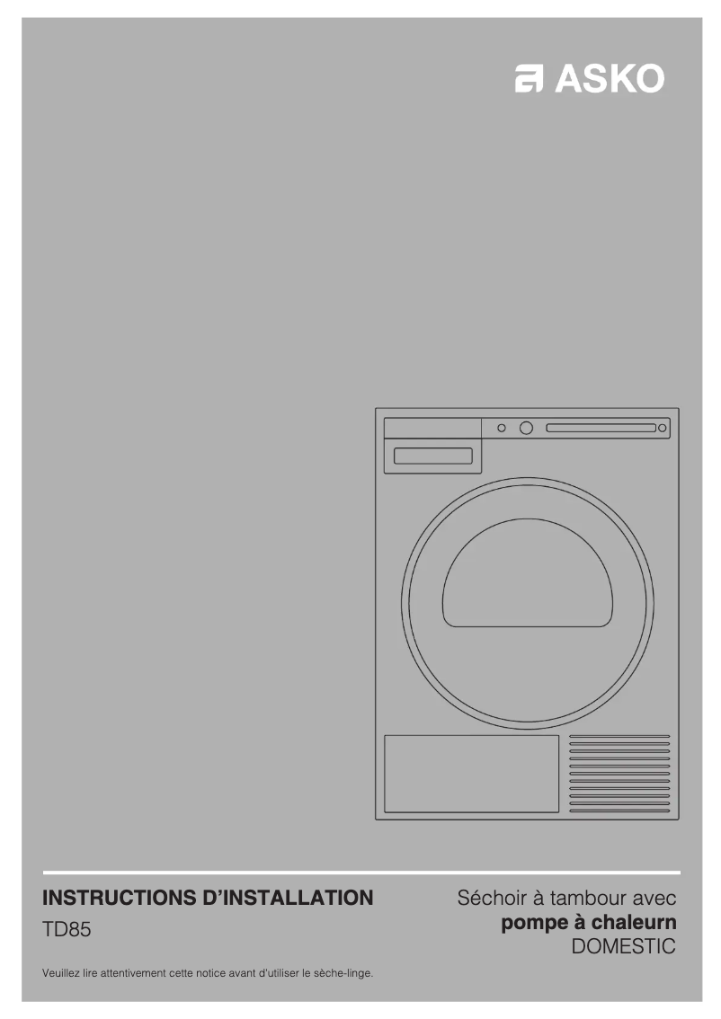 Page 1 de la notice Guide d'installation Asko T411HSW