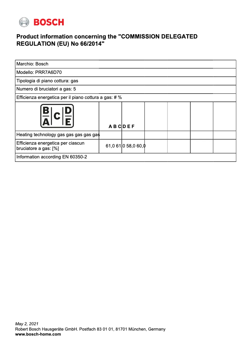 Page 1 de la notice Fiche technique Bosch PRR7A6D70