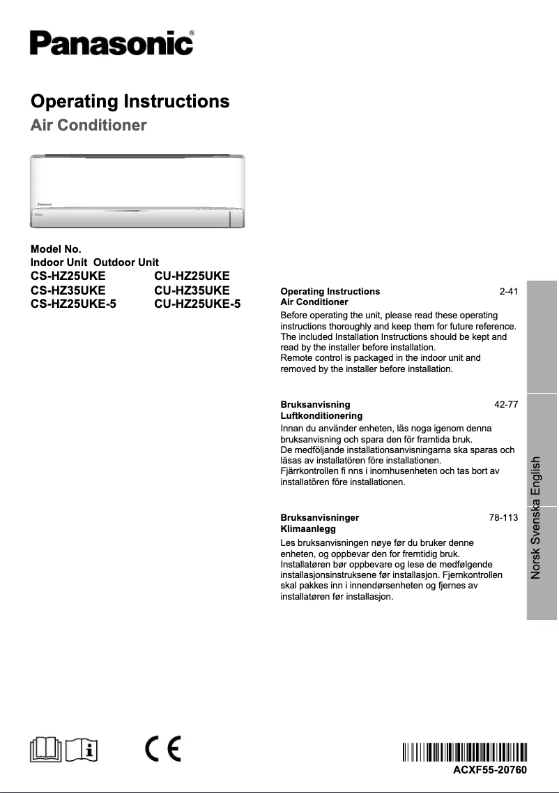 Page 1 de la notice Manuel utilisateur Panasonic CU-HZ25UKE