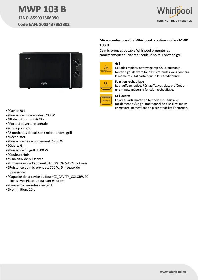 Página 1 del manual Ficha técnica Whirlpool Cook20 MWP 103