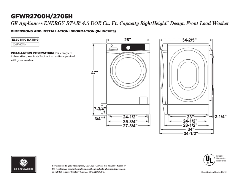 Page 1 of the manual Technical Sheet GE GFWR2705HMC