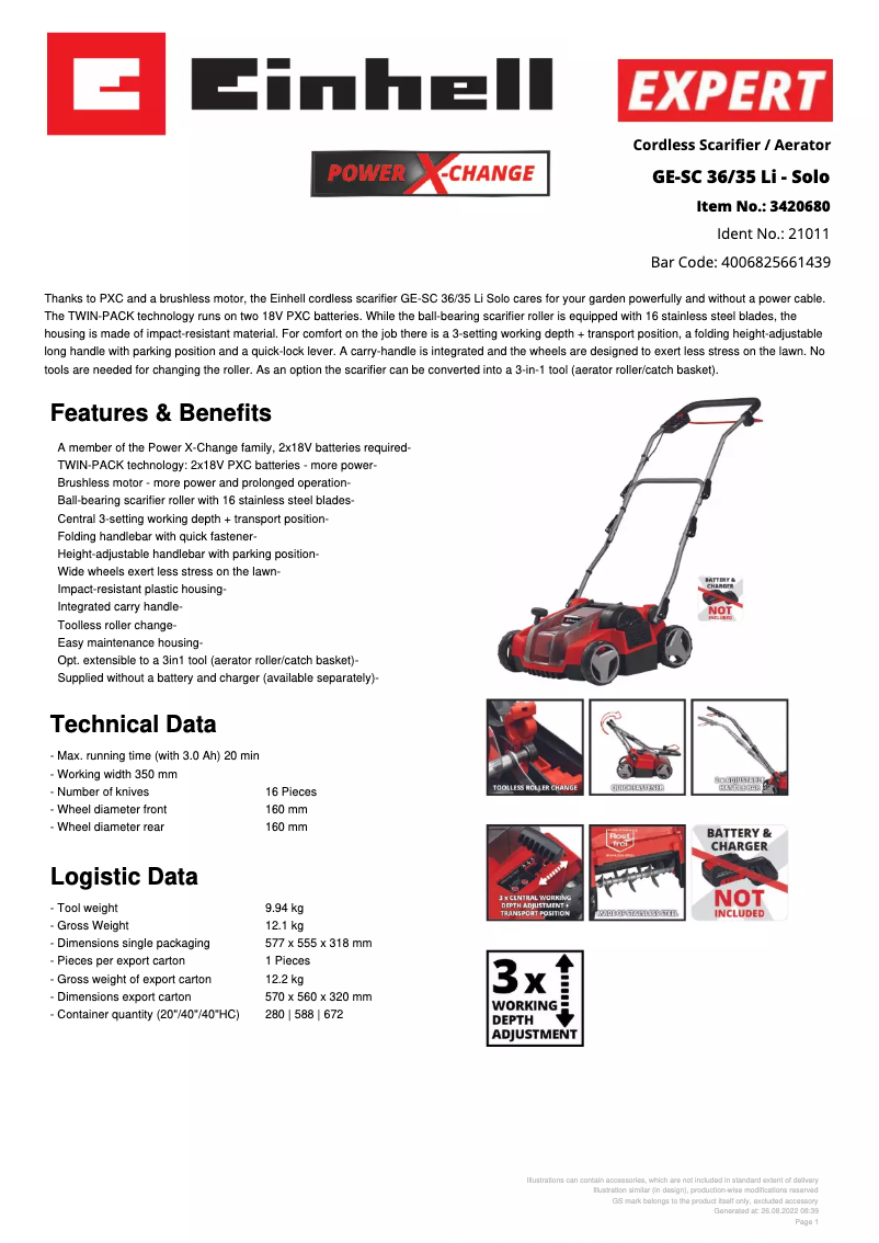 Página 1 del manual Ficha técnica Einhell GE-SC 36/35 Li