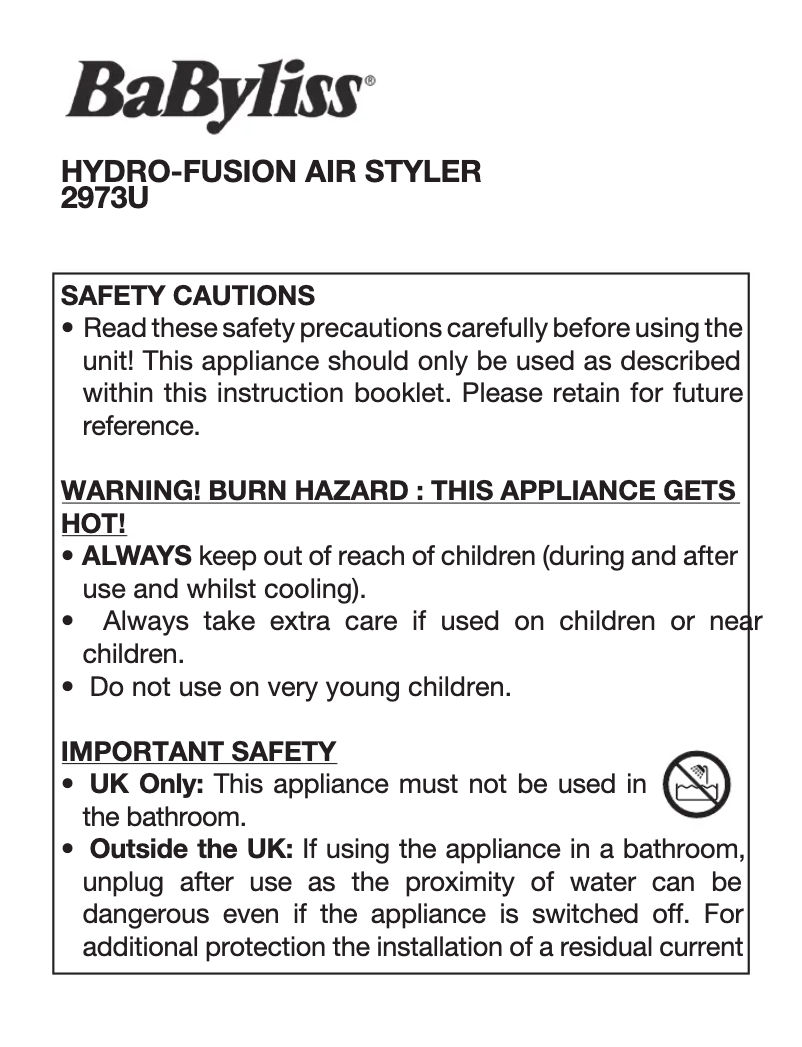 Page 1 de la notice Manuel utilisateur BaByliss Hydro-Fusion Anti-Frizz 2973U