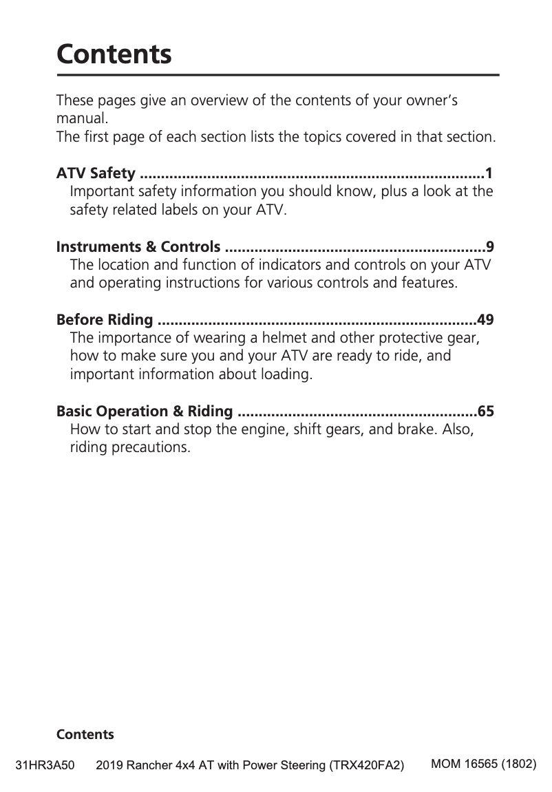 Page 1 de la notice Manuel utilisateur Honda FourTrax Rancher TRX420FE1 (2019)