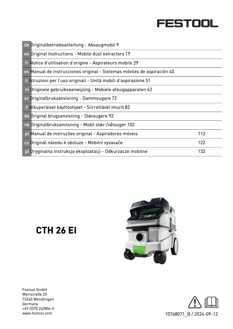 Page 1 de la notice Manuel utilisateur Festool Cleantec CTH 26
