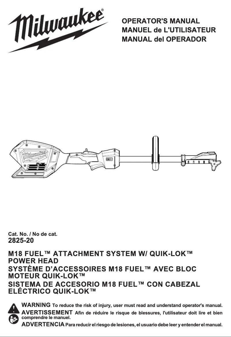 Page 1 de la notice Manuel utilisateur Milwaukee M18 Fuel QUIK-LOK 2825-20ST
