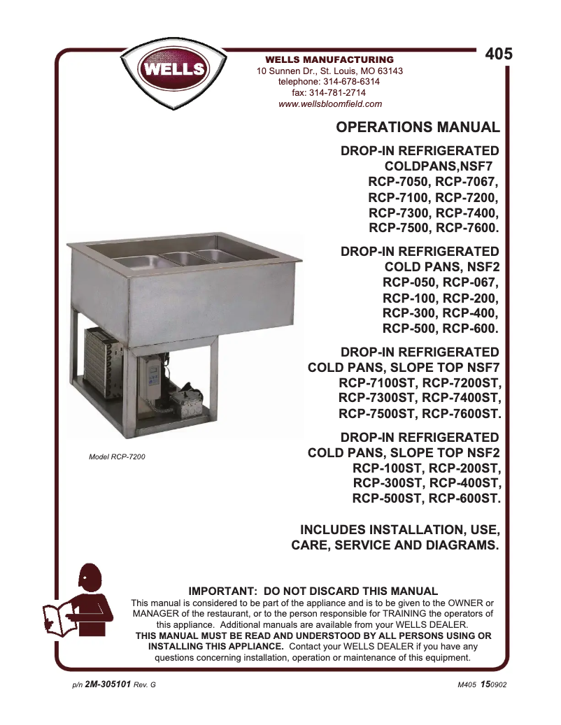 Page 1 de la notice Manuel utilisateur Wells RCP7200ST