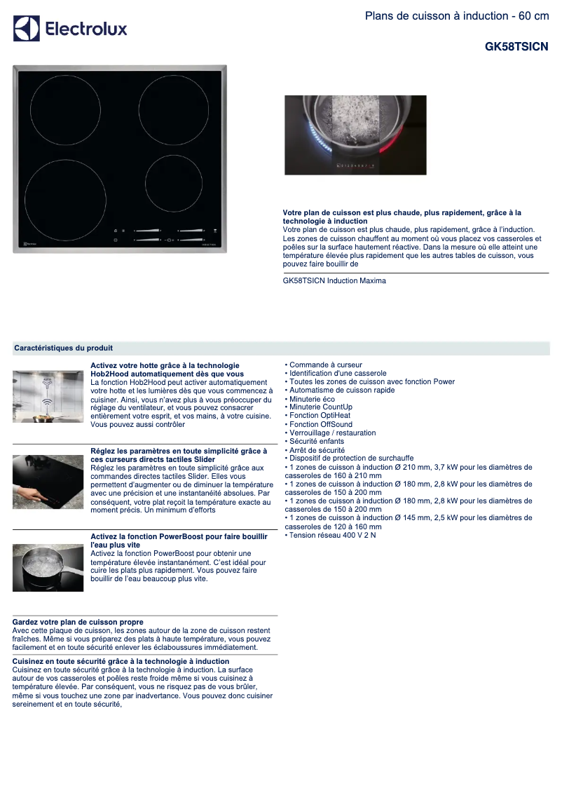 Page 1 de la notice Fiche technique Electrolux GK58TSICN