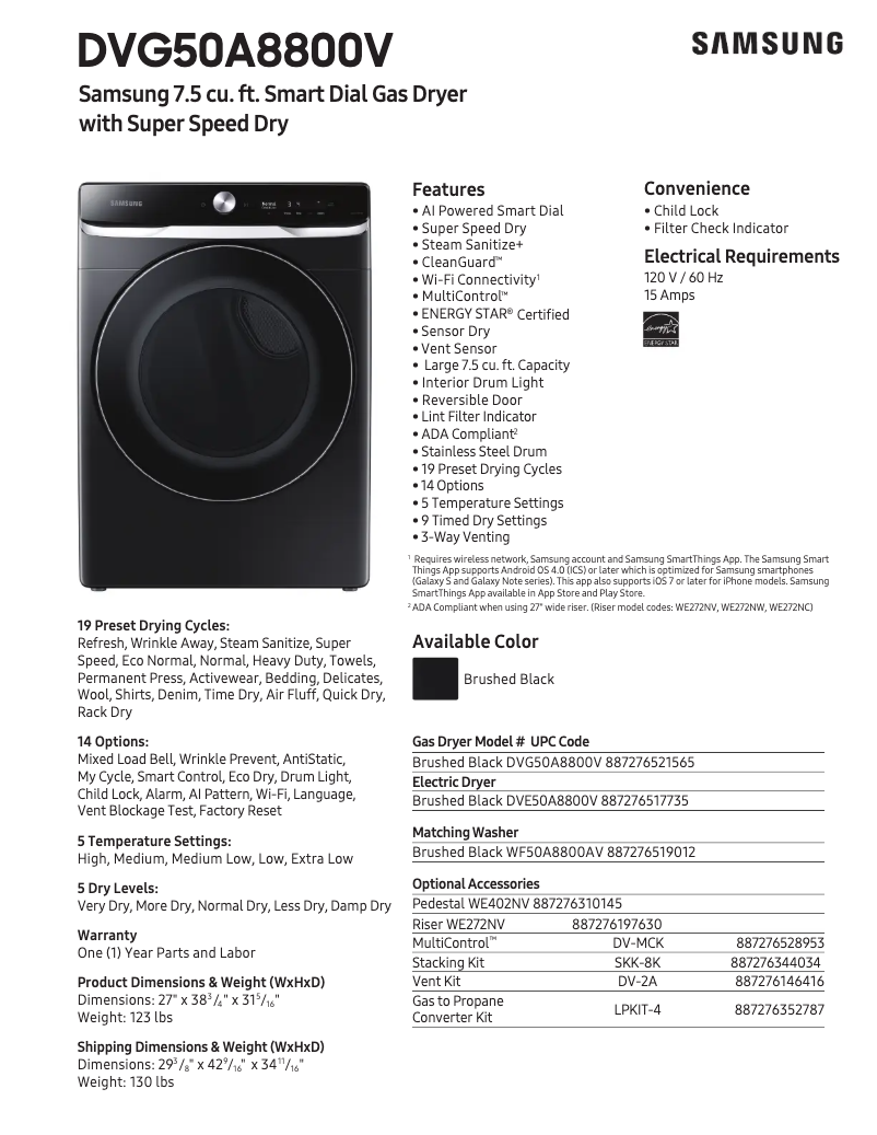 Página 1 del manual Ficha técnica Samsung DVG50A8800V