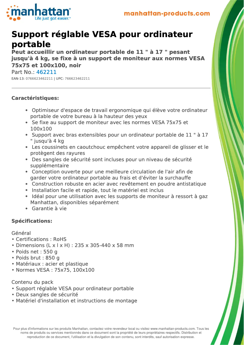 Page 1 de la notice Fiche technique Manhattan 462211