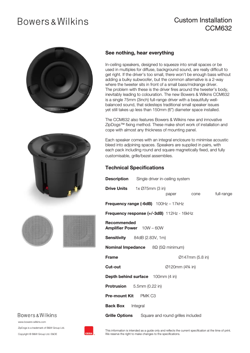 Page 1 de la notice Fiche technique Bowers & Wilkins Performance Series CCM632