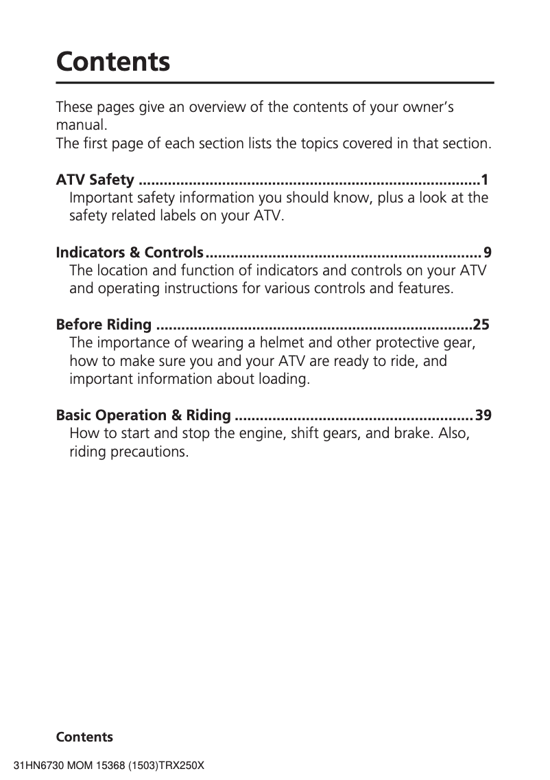 Page 1 de la notice Manuel utilisateur Honda TRX250X (2016)