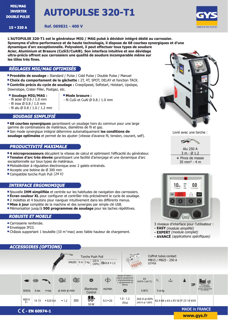 Page 1 de la notice Fiche technique GYS Autopulse 320-T1