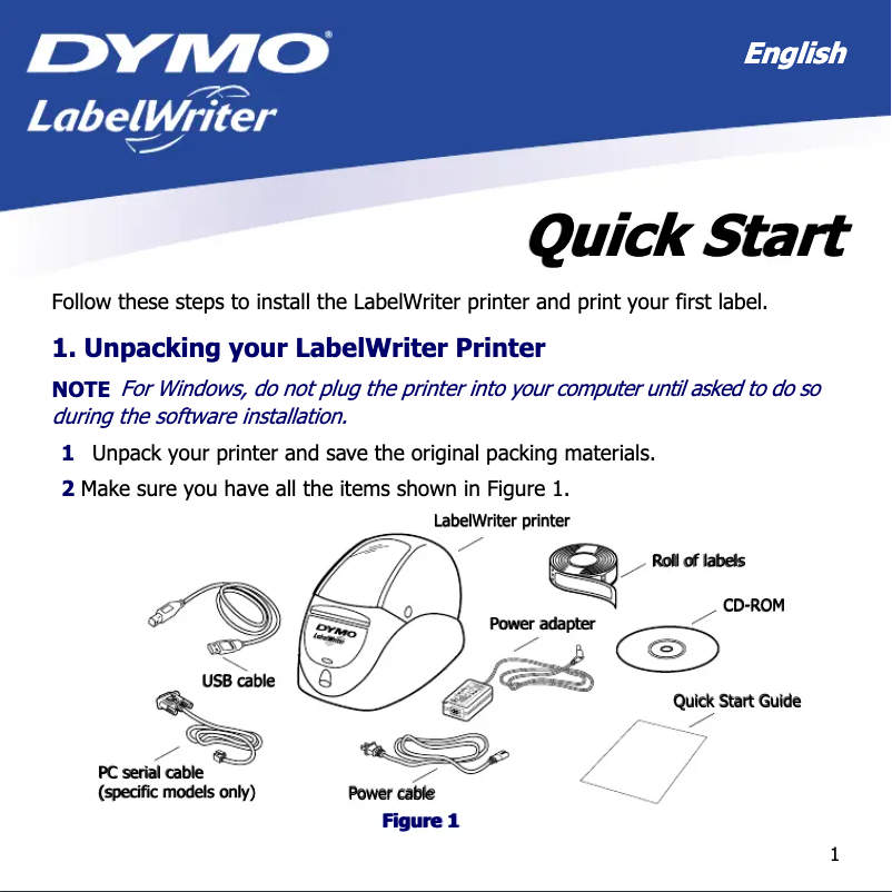 Page 1 de la notice Manuel utilisateur Dymo LabelWriter 300