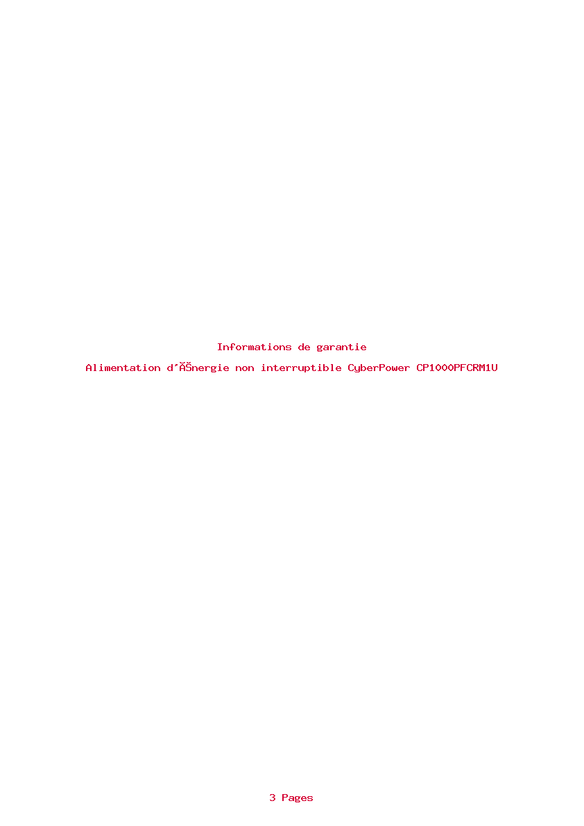 Page 1 de la notice Informations de garantie CyberPower CP1000PFCRM1U