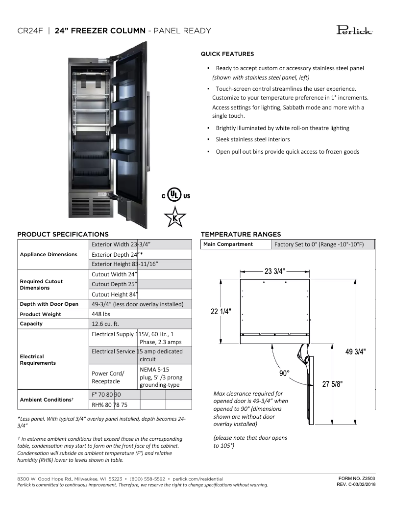 Page 1 de la notice Fiche technique Perlick CR24F-1-2L