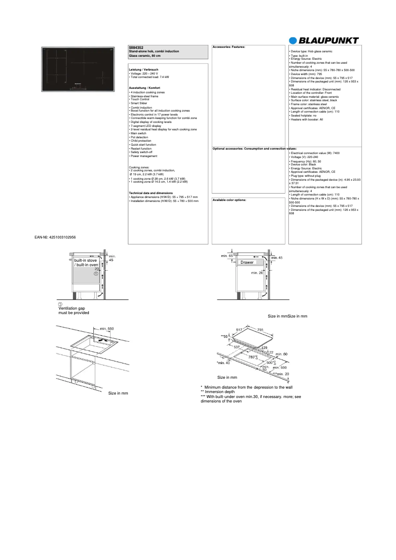 Page 1 de la notice Fiche technique Blaupunkt 5II 84352