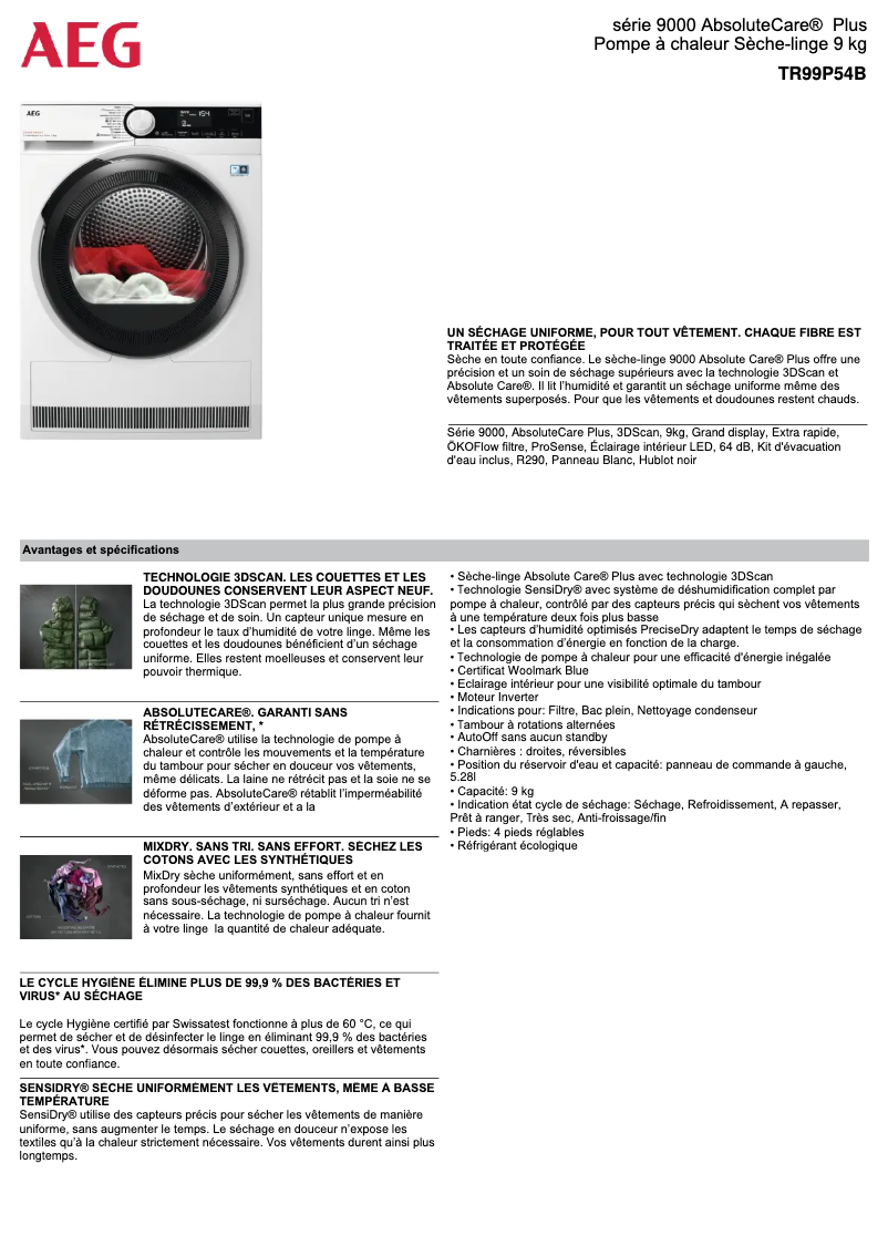Página 1 del manual Ficha técnica AEG TR99P54B