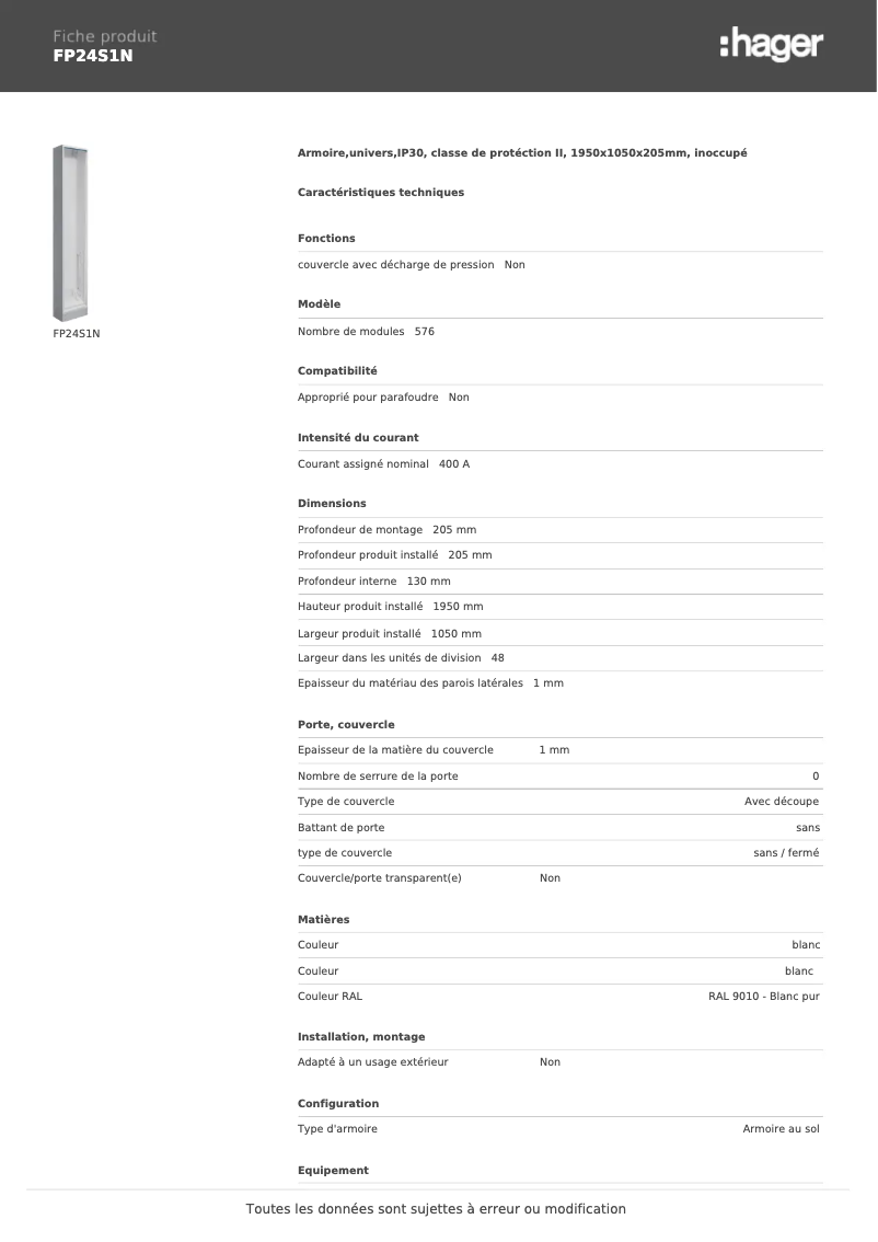 Page 1 de la notice Fiche technique Hager FP24S1N