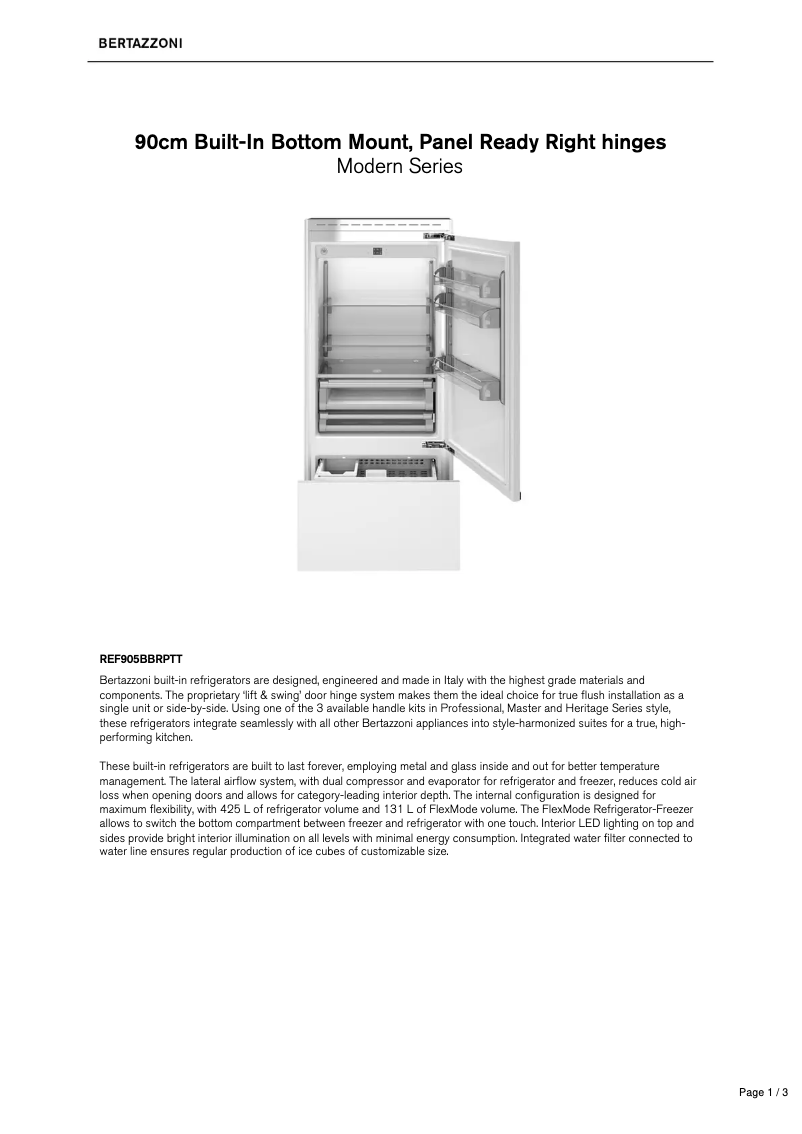 Page 1 de la notice Fiche technique Bertazzoni REF905BBRPTT