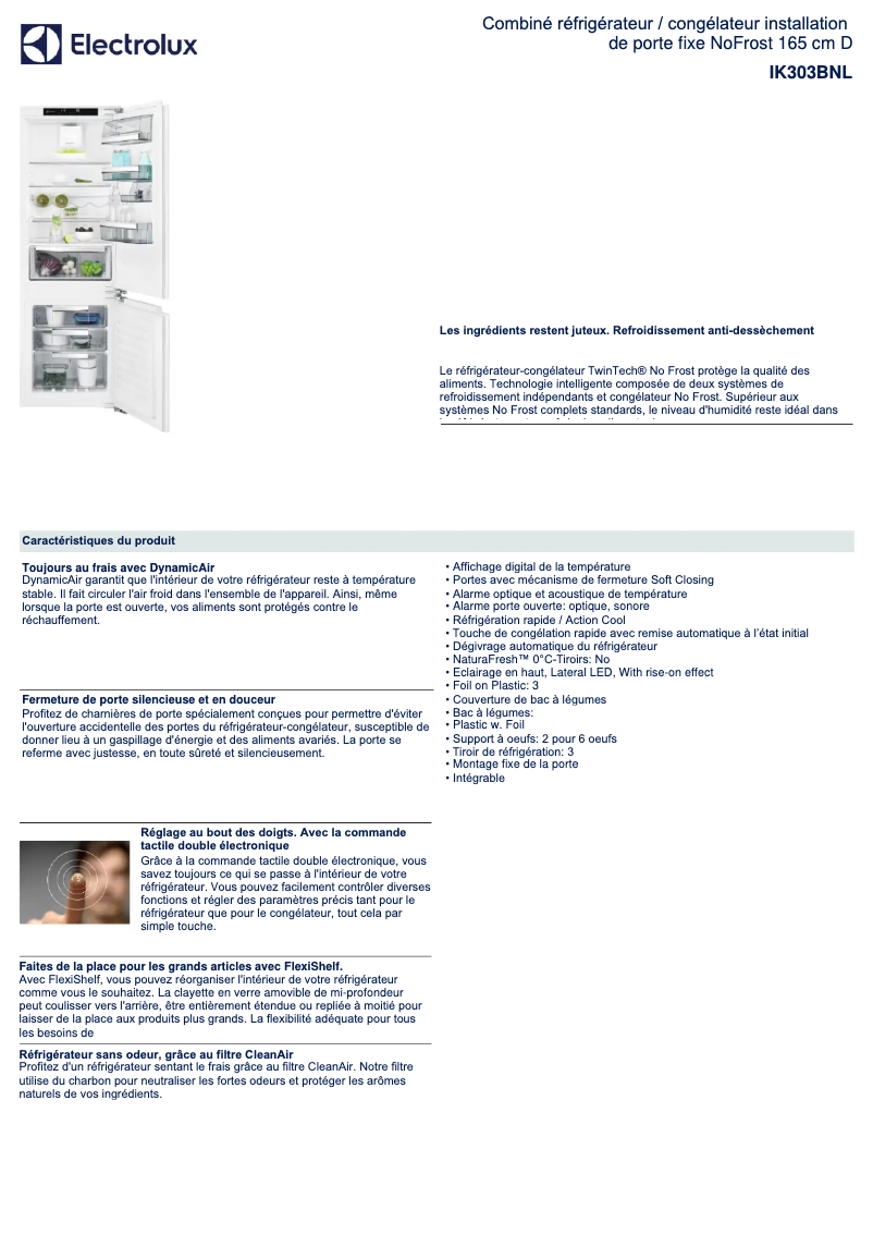 Page 1 de la notice Fiche technique Electrolux IK303BNL