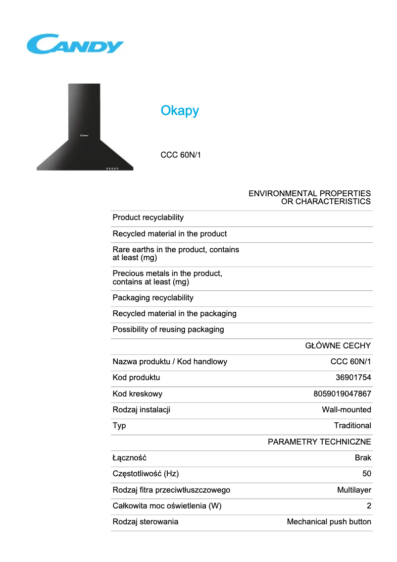 Page 1 of the manual Technical Sheet Candy CCC 60N/1