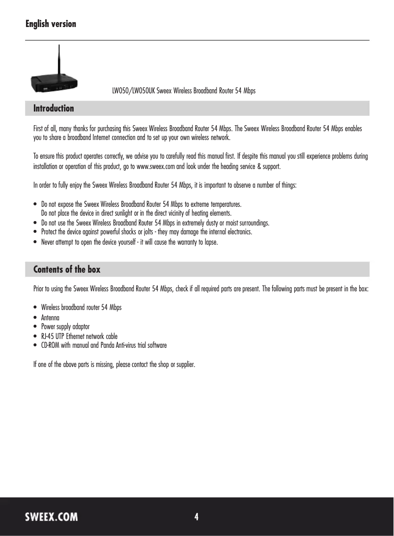 Page 1 de la notice Manuel utilisateur Sweex LW050UK