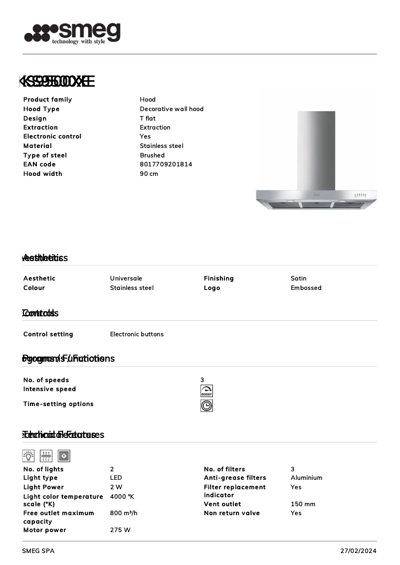 Page 1 de la notice Fiche technique Smeg KS9500XE