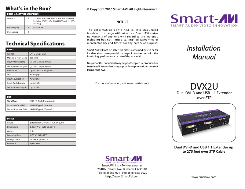 Page 1 de la notice Manuel utilisateur Smart-AVI DVX-2US