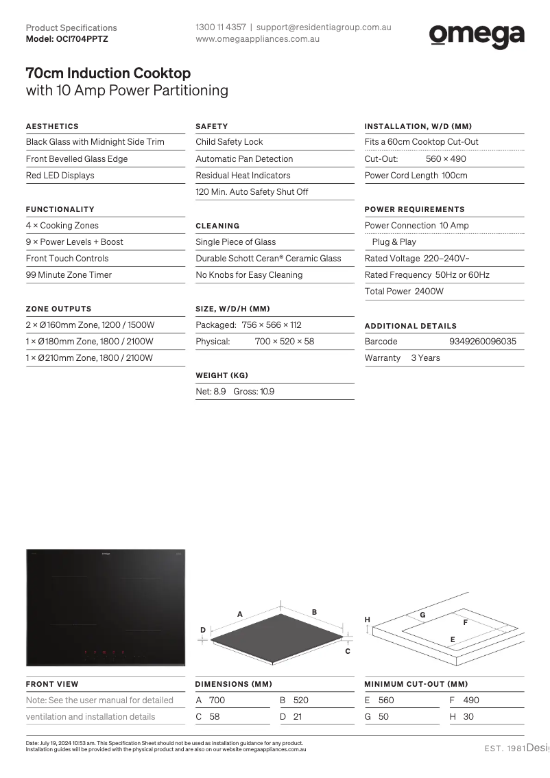 Page 1 de la notice Fiche technique Omega OCI704PPTZ