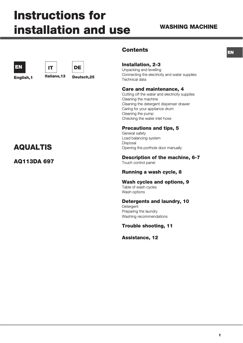 Page 1 de la notice Manuel utilisateur Hotpoint Ariston AQ113DA 697 EU/A