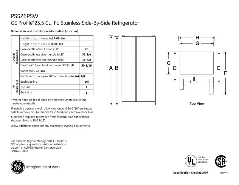 Page n°1 - Fiche technique GE PSS26PSWSS